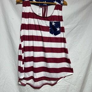 NWT Women's Red and White Striped Tank Top with Blue Star Pocket Sz 2XL (2ad)